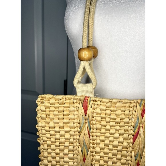 VTG Medium Size Beige Woven Straw Wood Bead Braided Rope Handle Tote Handbag - Picture 4 of 9
